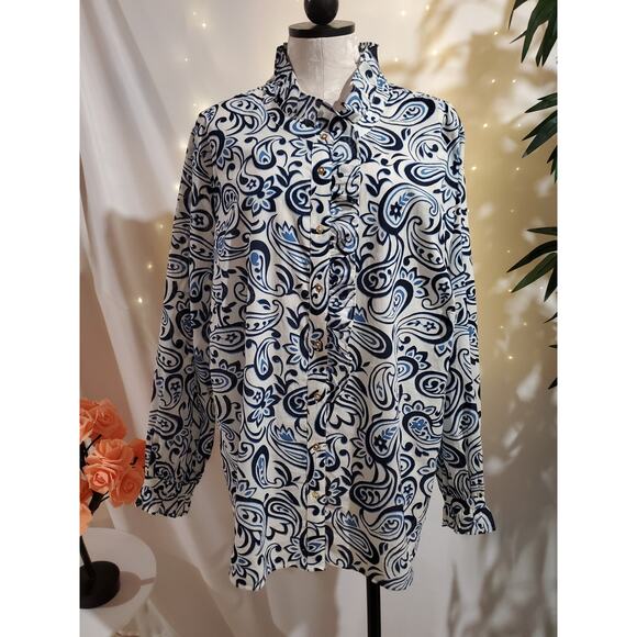 Talbots Ruffle Trim Gold Button Blouse Top Plus Size 2X Paisley Swirl Collared - Picture 1 of 9